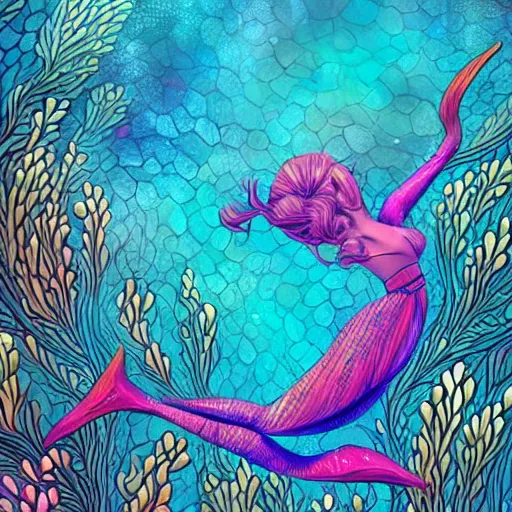 Image similar to coral underwater colorful, fantasy, intricate, highly detailed, little fish and sea life digital painting, hd, trending on artstation, illustration, fine lines, sharp edges, colourful, a reallistic attractive woman, swimming,