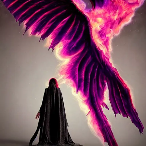 Image similar to a demon with huge nacreous fire wings, realistic horrors, cosmic dark vibes evil incarnate, photo pic by hyperrealism