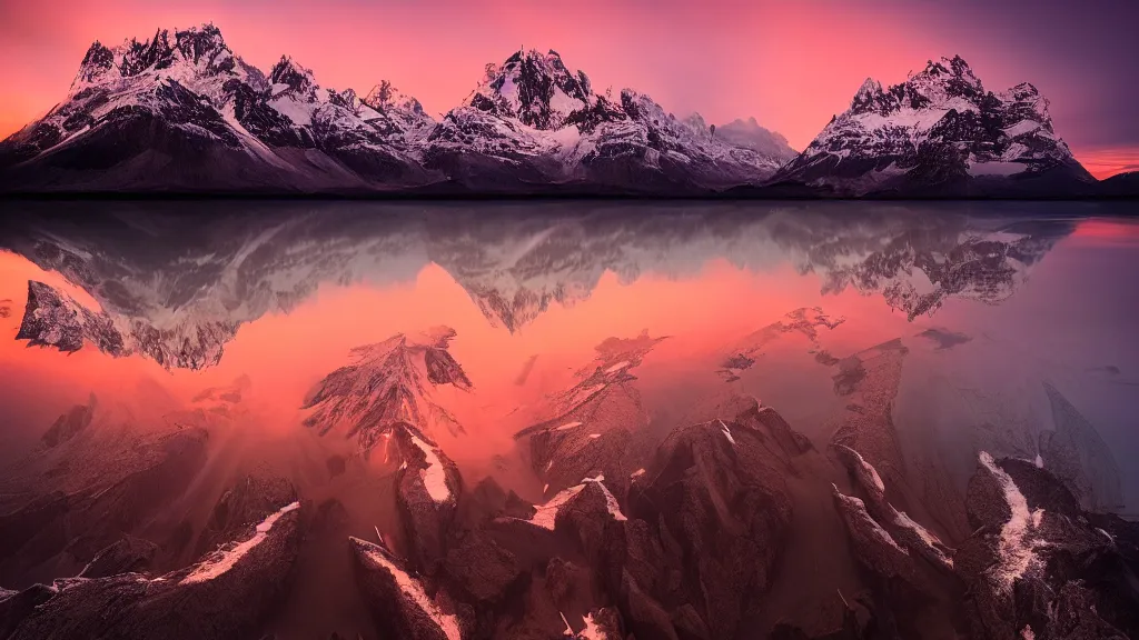 Image similar to amazing landscape photo of mountains with lake in sunset by marc adamus, beautiful dramatic lighting