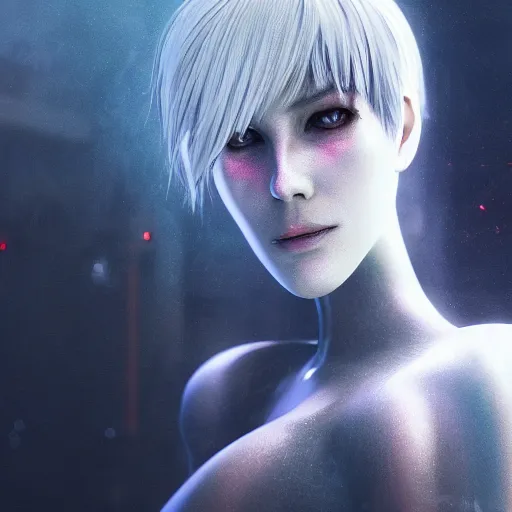 Image similar to a ghost in the shell inspired portrait of a woman 4k photorealistic, volumetric lighting, HD, high details, dramatic, trending on artstation, bokeh lights