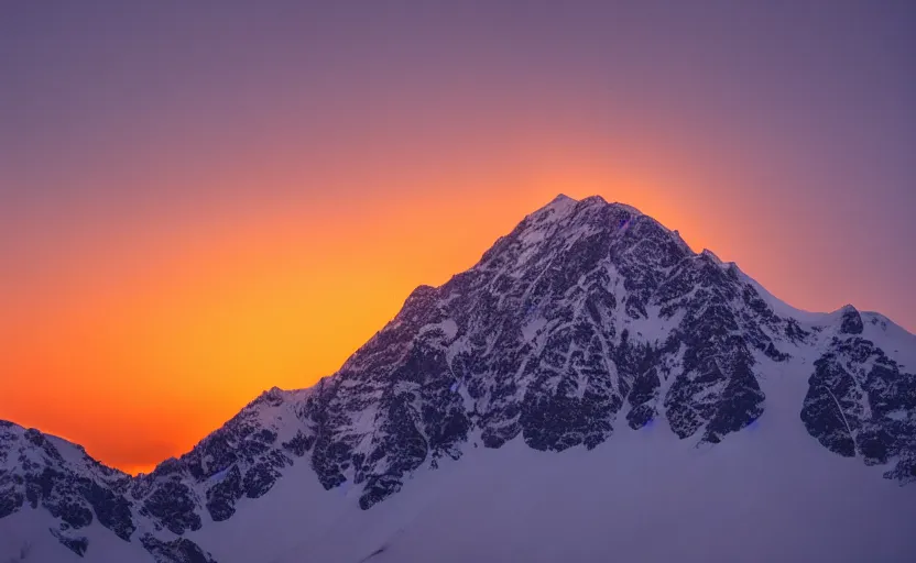 Image similar to professional photo of a snow topped mountain lit by the sunset