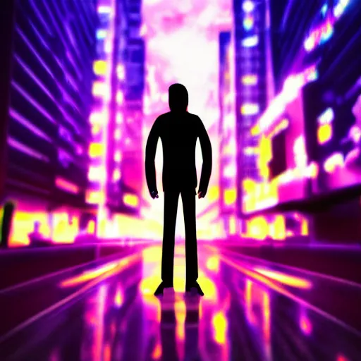 Prompt: one man silhouette standing in front of a cyberperunk city, neon lights, anime, night, very beautiful, trending on deviantart,