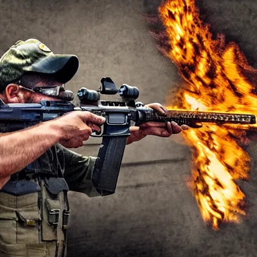 Prompt: man firing ar - 1 5, muzzle flash visible at the end of the barrel, highly detailed, photograph, firepower united