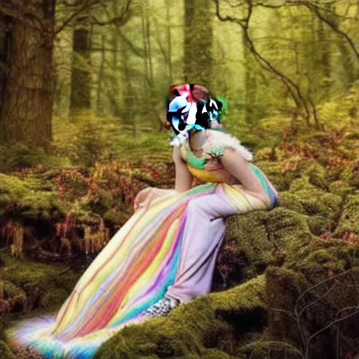 Image similar to emma watson as an elf wearing a long rainbow wedding gown sitting in a colorful forest