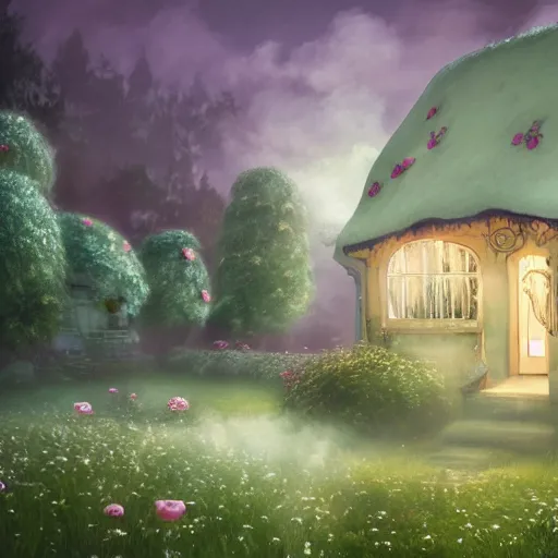 Image similar to a beautiful picture depicts a pale green fairy tale world, a strawberry cottage, white smoke and fairyland. lighting efects, cotton - like white clouds around the house, floating mist and gauze around the house, surrounded by roses, miyazaki hayao animation style, pastoral style, very detailed