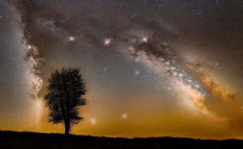 Prompt: night photography of the milky way with a tree in foreground, highly detailed, photorealistic