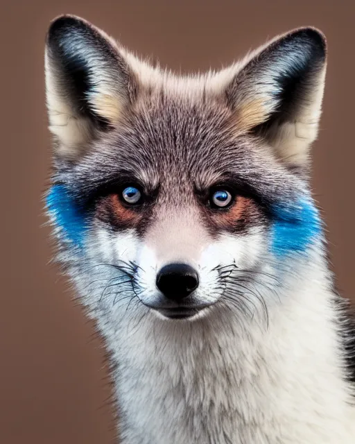 Prompt: black pink green blue white fox looking into the camera, portrait, blue background, 8 k, 8 5 mm f 1. 8