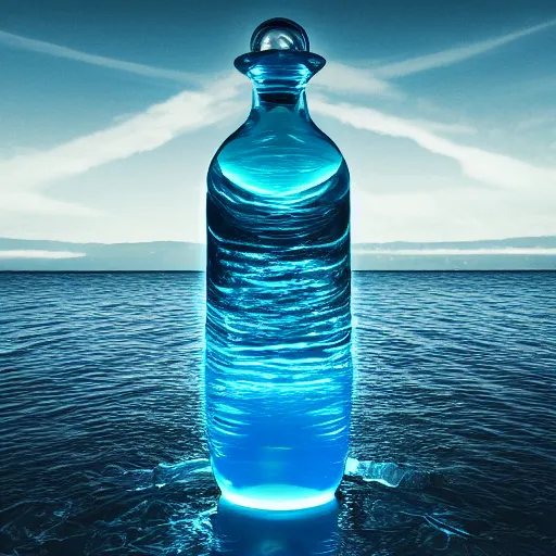 Prompt: water artwork manipulation in the shape of a human head stuffed in a bottle, on the ocean water, futuristic, glowing, gradient, hyper realistic, ray tracing, realistic water, sharp focus, long shot, 8 k resolution, cinematic, photoshop water art