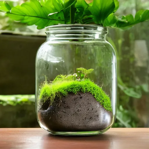 Prompt: a terrarium jar with fittonia plant, fern plant, moss and stone in a tropical atmosphere, mist