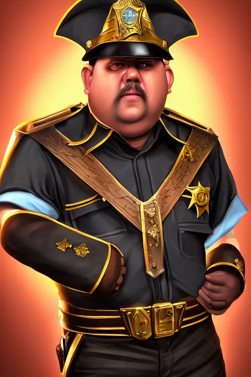 Prompt: high elf mall cop with a sheriff's badge that is fat, shifty, and incompetent, RPG portrait from the chest up, Oil Painting, dynamic lighting, Highly Detailed, Cinematic Lighting, 8k, HD