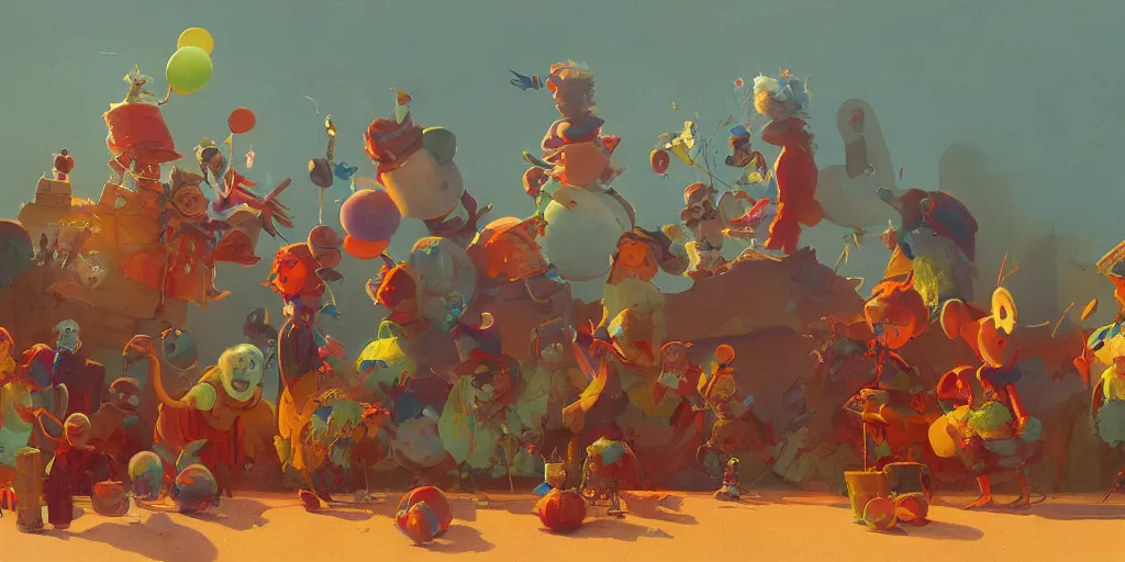 Image similar to A gang of clowns at dawn, magical, awestriking, impossibly detailed, by Sergey Kolesov, fine detail, full of color, intricate detail