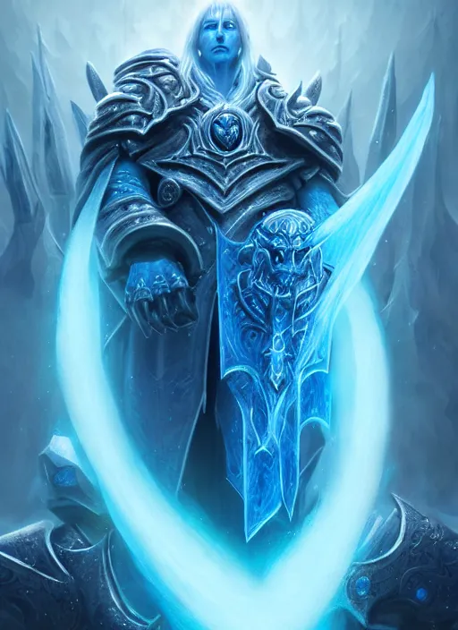 Image similar to portrait of a arthas the lich king, cold, glowing blue spirits, ghosts, intricate, elegant, highly detailed, digital painting, artstation, concept art, smooth, sharp focus, illustration, art by wlop, mars ravelo and greg rutkowski