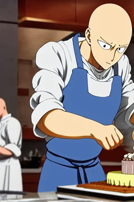 Prompt: chef saitama one punch man, dressed as a pastry chef, making a cake, anime artwork