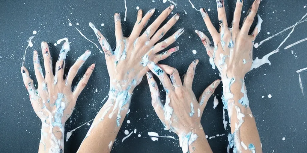 Image similar to beautiful hands, fingers intertwined, covered in white paint, dripping paint, shoulders, skin