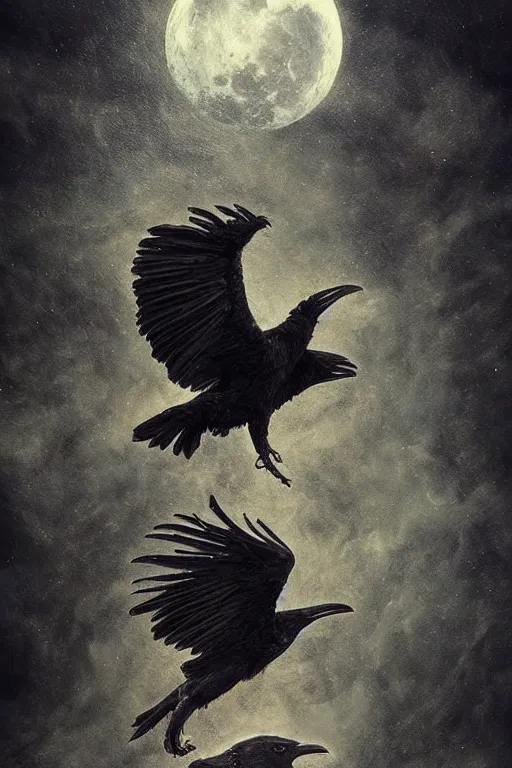 Image similar to Intricate stunning highly detailed surreal ravens by agostino arrivabene and Seb McKinnon, sculpture, ultra realistic, Horror vacui, full moon, thick swirling smoke tornado, fire embers, trending on artstation