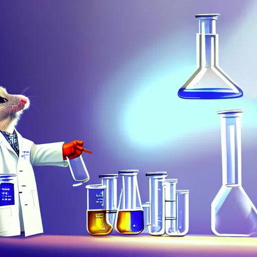 Image similar to mouse in a lab coat performing a chemistry experiment, in a cluttered lab, lots of beakers, illustration, cyberpunk, sci - fi fantasy, intricate, elegant, highly detailed, digital painting, artstation, concept art