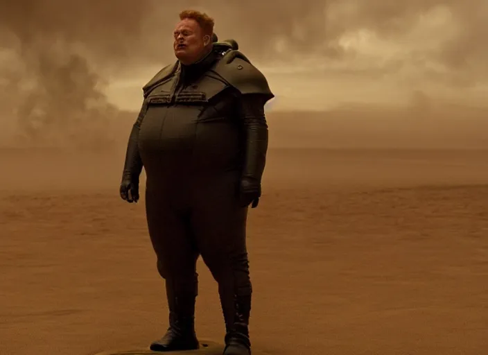 Image similar to elon musk as baron harkonnen in a black oil bath, Dune, Denis Villeneuve, film look