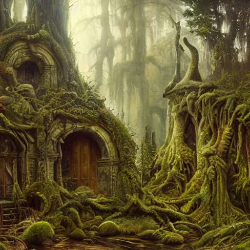 Image similar to a beautiful and highly detailed oil painting of an overgrown forest temple in the misty mountains, intricate details, epic scale, insanely complex, 8 k, sharp focus, hyperrealism, fantasy landscape, psychedelic, by caspar friedrich and james gurney,