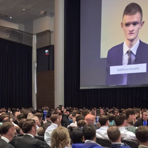 Image similar to giga chad vitalik buterin wearing a suit presenting at a conference, muscular, Canon EOS