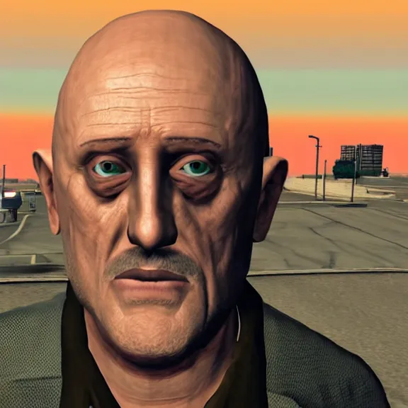 Image similar to Mike Ehrmantraut in Los Santos, screenshot from the PS2 version of GTA San Andreas, orange sky