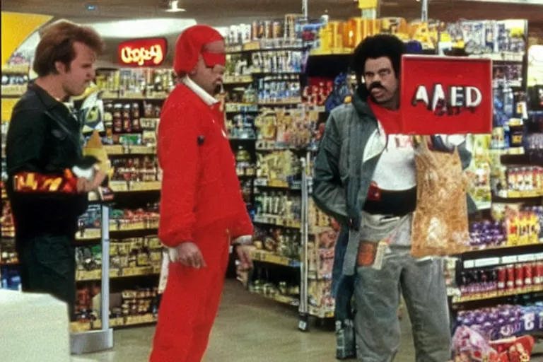 Image similar to a still ronald mcdonald shoplifting from a grocery store in the tv show the a - team, vcr recording