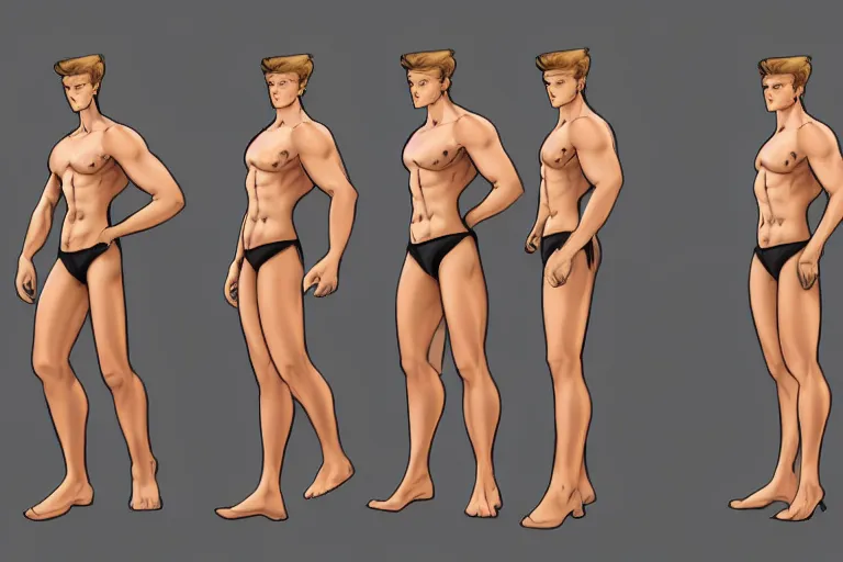 Prompt: a reference sheet containing three pictures. a hero in the front back view and side view, proportions, ready to model, stylish clothes,
