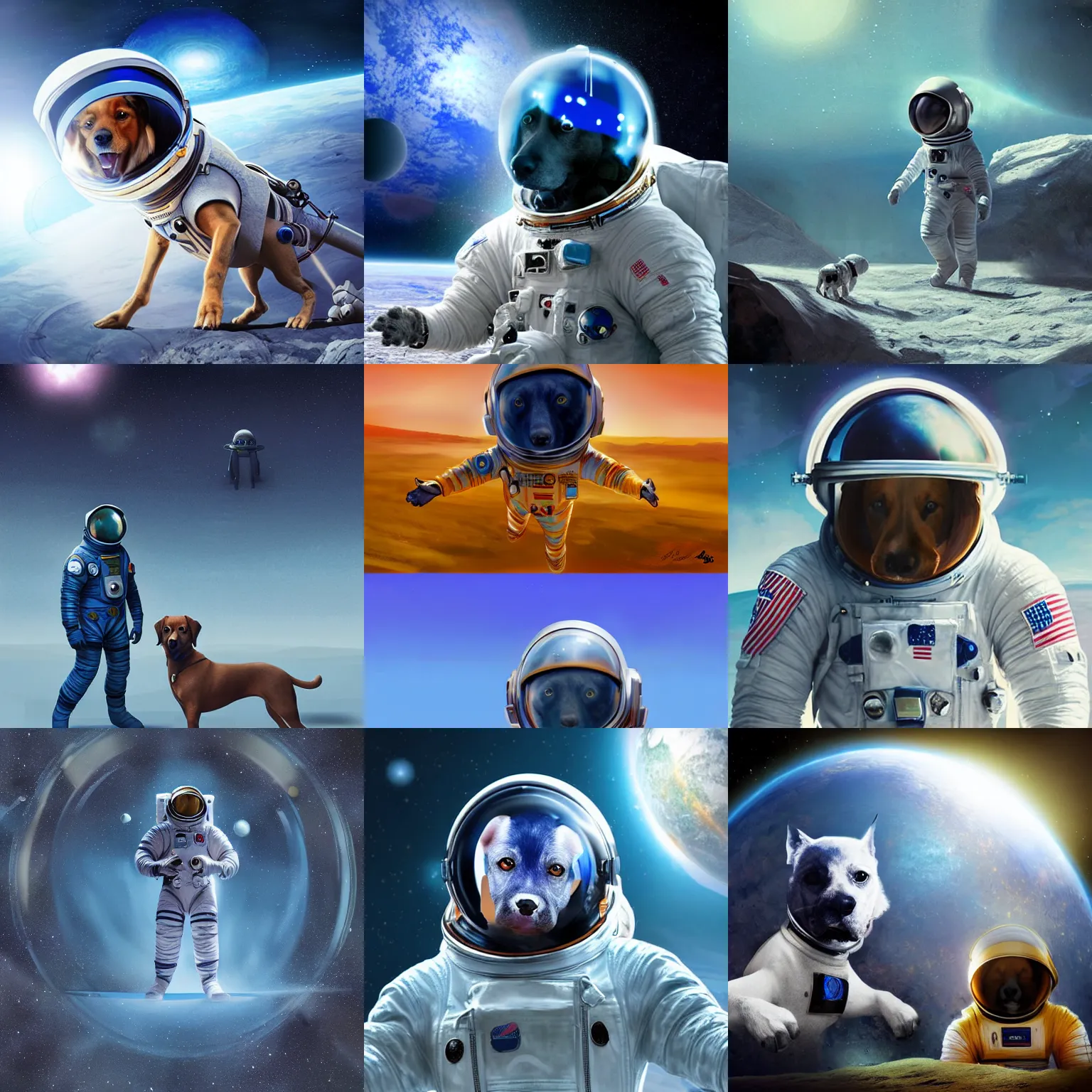 Prompt: Astronaut explores surface of blue alien planet with dog wearing a space helmet, digital concept art, cinematic lighting