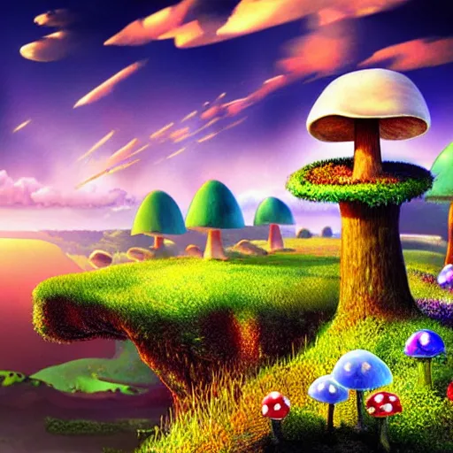 Image similar to the mushroom kingdom, photorealistic, landscape, cinematic, beautiful, colorful