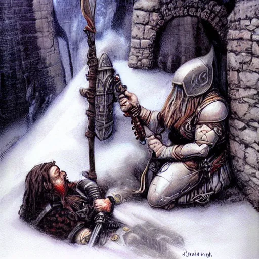 Image similar to a dwarf paladin comforting an elven female ranger. Grimdark fantasy art by Gerald Brom