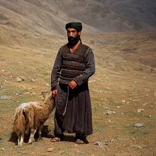 Image similar to Kurdish shepherd wearing Kurdish clothes in a movie directed by Christopher Nolan, movie still frame, promotional image, imax 70 mm footage