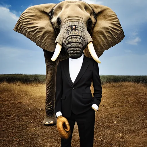 Prompt: a portrait of and elephant wearing a suit with background scenery by juergen teller, iris van herpen