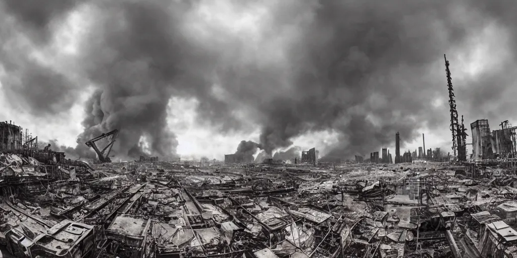 Prompt: wide angle photo, 1 8 mm canon 5 d mark 3, f 1 8, of a scary giant, metal machine pig robot : : 1. 5 looming huge over the buildings of a city on fire that is destroied, in the film style of a hollywood summer blockbuster movie