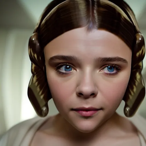 Prompt: Adult Chloe Moretz as Princess Leia, movie scene, DSMC2, 50mm, F1.4, studio lighting, professional, Look at all that detail!, Dolby Vision, UHD