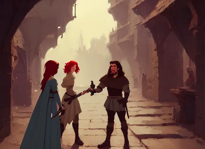 Image similar to a brunette man offers his sword to a red - haired woman, medieval times by atey ghailan, by greg rutkowski, by greg tocchini, by james gilleard, by joe fenton, by kaethe butcher, dynamic lighting, gradient light blue, brown, blonde cream and white color scheme, grunge aesthetic