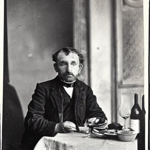 Prompt: photograph of a frenchman seated at a table with a bottle of wine in 1 9 1 0. colorful, award winning photography, 5 0 mm, extremely detailed face
