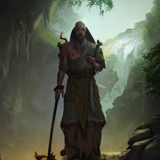 Image similar to male monk, undead emu, ruins landscape, d & d, fantasy, intricate, highly detailed, digital painting, artstation, octane render, concept art, matte, sharp focus, illustration, hearthstone, art by artgerm and greg rutkowski and alphonse mucha