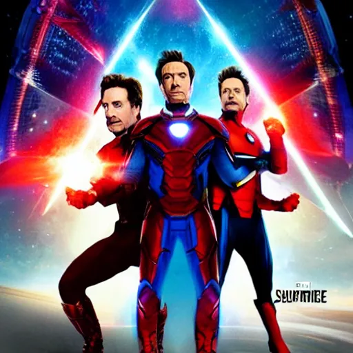 Prompt: benedict cumberbatch and robert downey jr. are fighting with lasers superheroes and supervillains, marvel poster