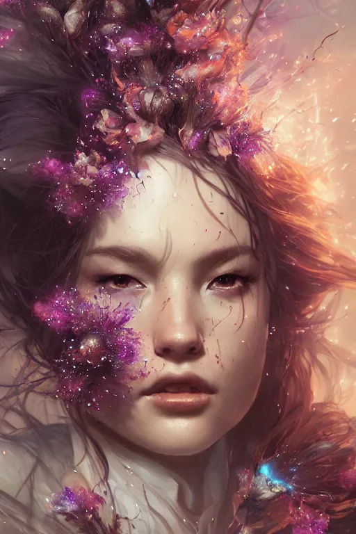 Image similar to face closeup beautiful girl witch covered with crystals exploding into another dimension, 3 d render, hyper realistic detailed portrait, holding magic flowers, ruan jia, wlop. scifi, fantasy, hyper detailed, octane render, concept art, peter mohrbacher