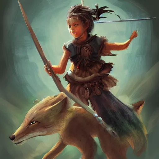 Image similar to a female child warrior holding a spear and riding a giant fox into war, digital art, concept