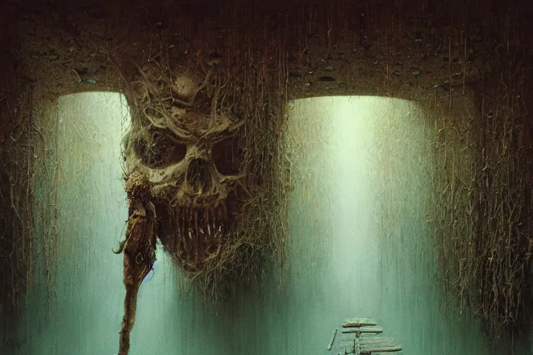 Image similar to a abandoned creepy and wet water park, hyperrealistic, horror, soft lighting, ruined, high quality, highly detailed, complementary colors, oil on canvas, by zdzisław beksinski, marco mazzoni, peter gric