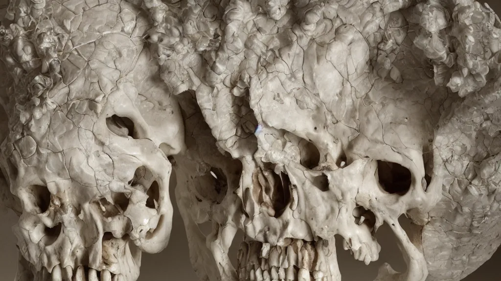 Image similar to skull of mystery, an epic sculpture made of marble and ivory, by gustave dore, by emil melmoth, by alphonse mucha, hell, sculpture standing on in a large studio space, monumental, epic, rococo, generative, detailed, intricate, volumetric lighting, realistic, octane render, 2 0 % pearlescent detailing