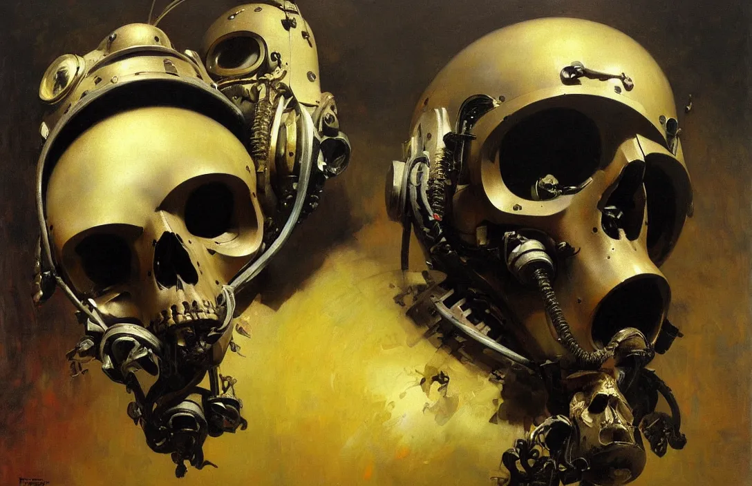 Image similar to portrait of deep sea diver helmet, detailed skull face, detailed painting, epic lighting, by ilya repin, phil hale and kent williams
