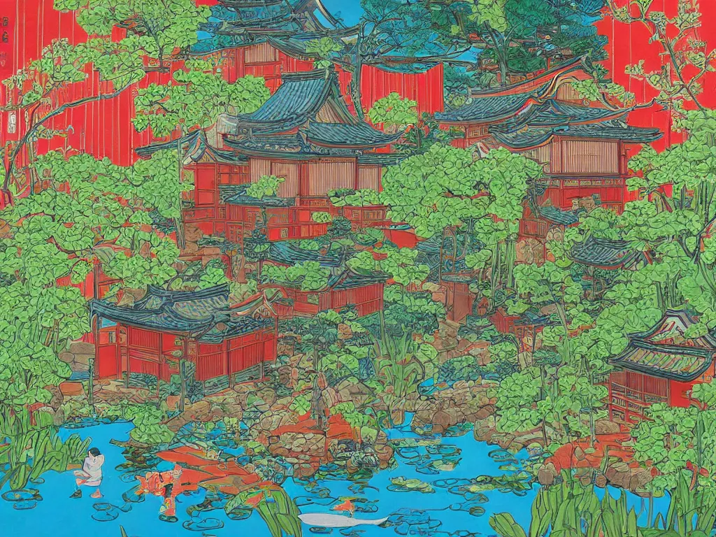Image similar to painting of a traditional japanese house with a garden, a pond in the garden, startroopers are sitting around the pond, a combination of pop art and traditional japanese painting styles, the style of andy warhol and jackie tsai, bright palette, acrylic on canvas