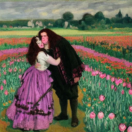 Prompt: hagrid the viking and morticia addams kiss in a field of tulips, masterpiece, highly detailed, oil on canvas, art by walter sickert, john singer sargent, and william open