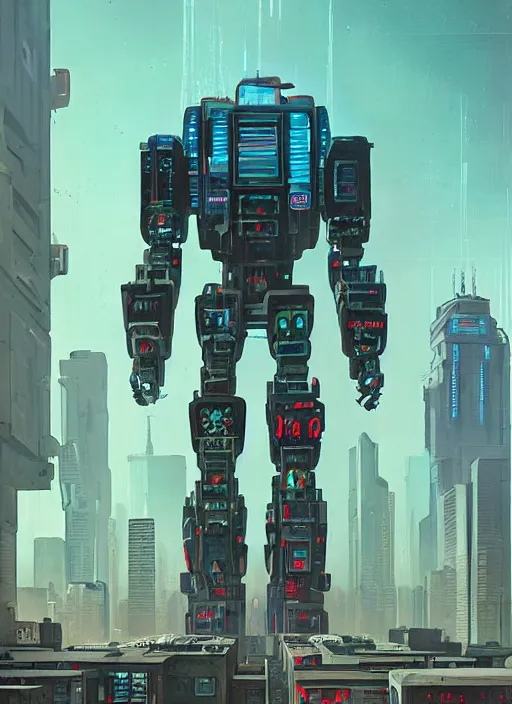 Prompt: a painting of a giant robot standing in front of a city, cyberpunk art by beeple by dan mumford, behance contest winner, nuclear art, dystopian art, apocalypse art, sci - fi