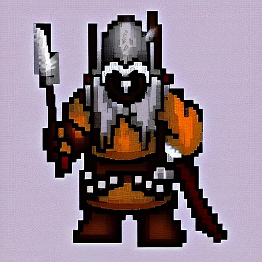 Image similar to dwarf knight holding a pickaxe, pixelart, 2D character design