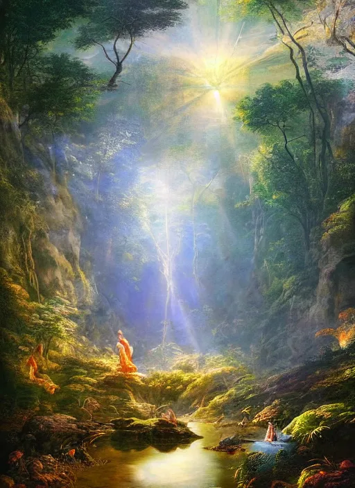 Image similar to a forest oasis, rock pools, harmony of nature, infinite dawn, angelic light, sparkling dew, epic atmosphere, by asher brown durand, by iyoshitaka amano