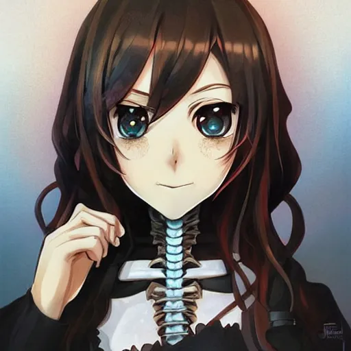 Prompt: anime manga skull portrait young woman skeleton, pokemon, artgerm, painterly, graffiti, key lighting, art by jc leyendecker and sachin teng