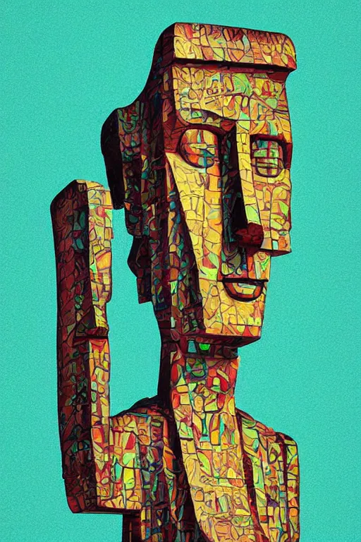 Image similar to cubist moai statue cutout digital illustration cartoon colorful beeple