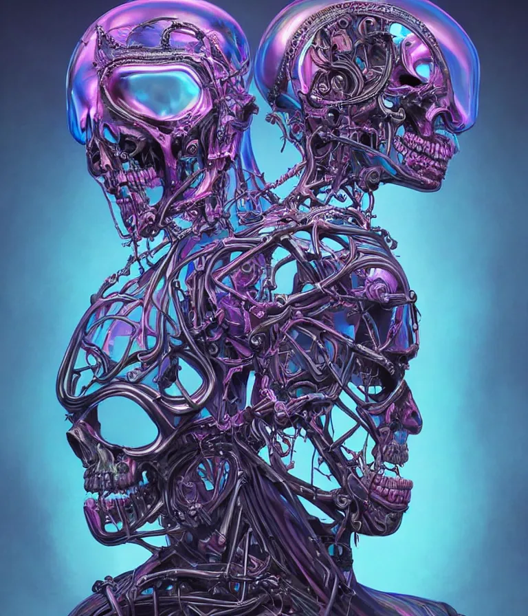 Image similar to fully symmetrical centered iridescent portrait of a beautiful princess of death in robe. skulls artificial muscles, ribcage, bones, hard surface modelling. cyberpunk look. biomechanical mask. bio luminescent biomechanical halo around head. neon jellyfish. artwork by jarold Sng by artgerm, by Eddie Mendoza, by Peter mohrbacher by tooth wu, unreal engine, octane render, cinematic light, high details, iridescent colors, dichroic, macro, depth of field, blur